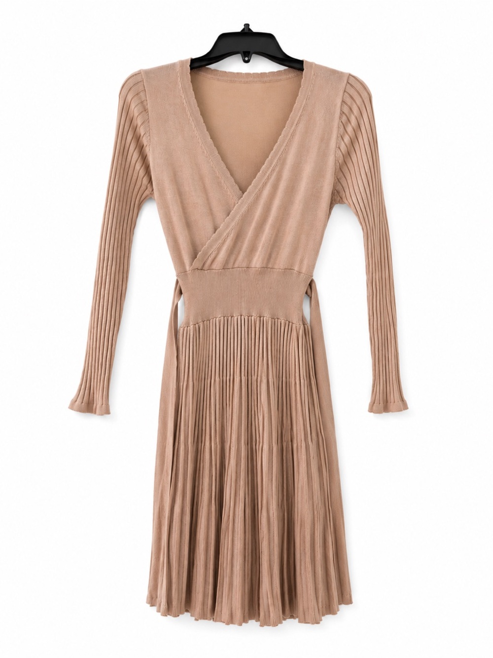 Beige Wrap-Style Pleated Long-Sleeve Dress